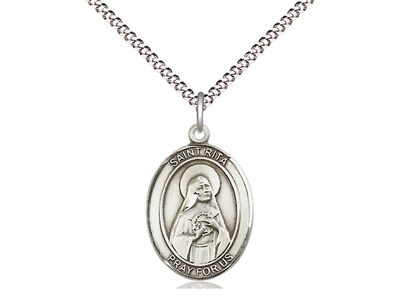 Sterling Silver St Rita of Cascia Pendant on a 18&quot; Light Rhodium Light Curb Chain.