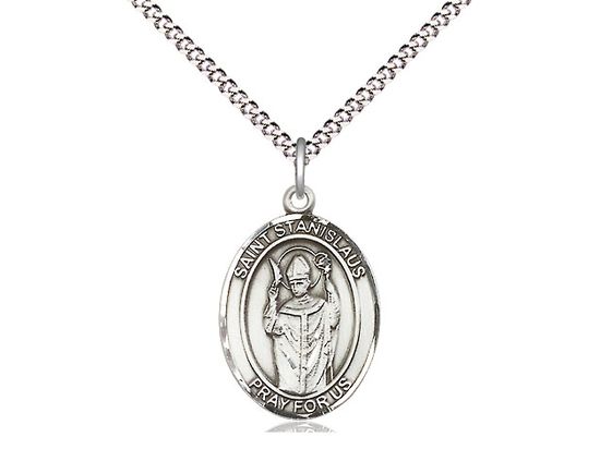 Sterling Silver St Stanislaus Pendant on a 18&quot; Light Rhodium Light Curb Chain