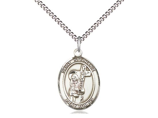 Sterling Silver St Stephanie Pendant on a 18&quot; Light Rhodium Light Curb Chain