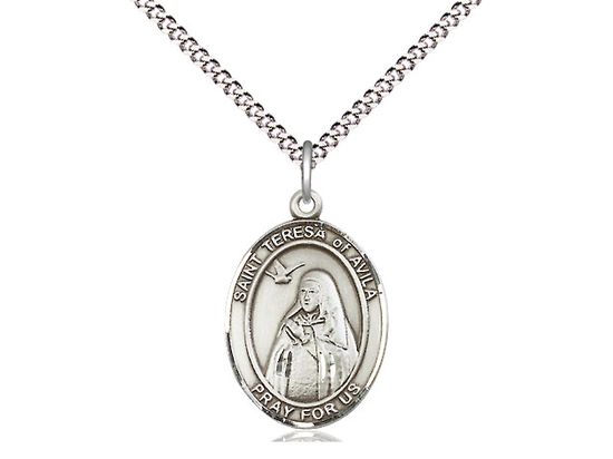 Sterling Silver St Teresa of Avila Pendant on a 18&quot; Light Rhodium Light Curb Chain