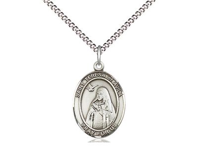 Sterling Silver St Teresa of Avila Pendant on a 18&quot; Light Rhodium Light Curb Chain