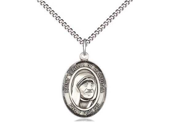 Sterling Silver Saint Teresa of Calcutta Pendant on a 18&quot; Light Rhodium Light Curb Chain