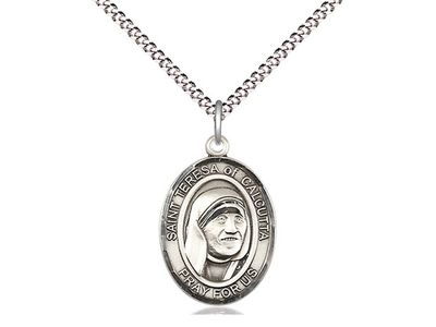 Sterling Silver Saint Teresa of Calcutta Pendant on a 18&quot; Light Rhodium Light Curb Chain