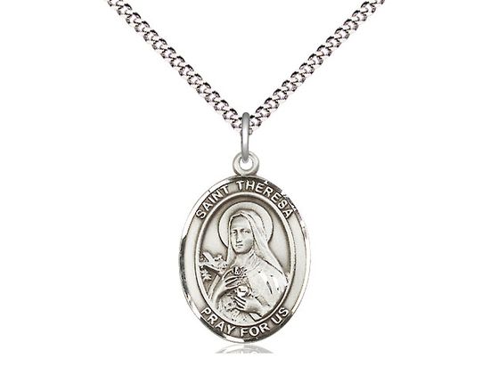 Sterling Silver St Theresa Pendant on a 18&quot; Light Rhodium Light Curb Chain