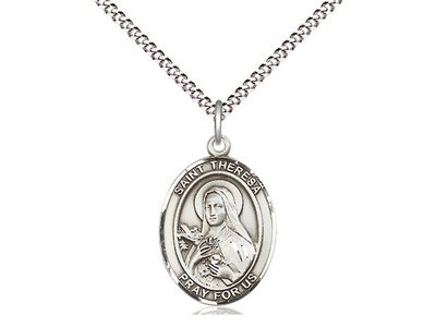 Sterling Silver St Theresa Pendant on a 18&quot; Light Rhodium Light Curb Chain