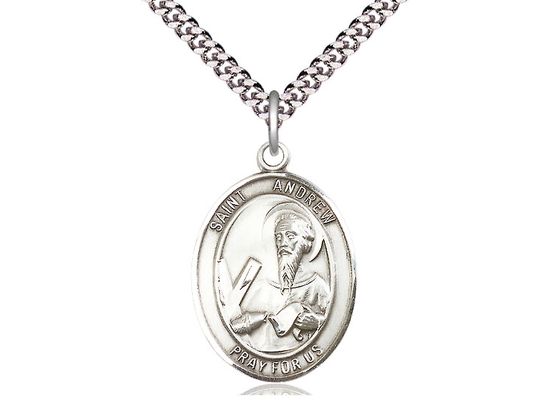 Sterling Silver St Andrew the Apostle Pendant on a 24 inch Light Rhodium Heavy Curb Chain