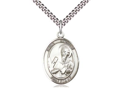 Sterling Silver St Andrew the Apostle Pendant on a 24 inch Light Rhodium Heavy Curb Chain