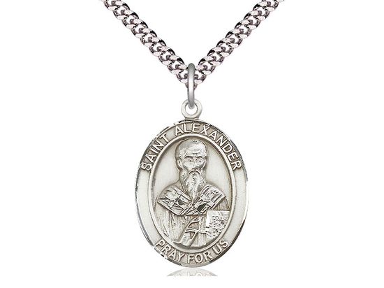 Sterling Silver St Alexander Constantinople Pendant on a 24 inch Light Rhodium Heavy Curb Chain