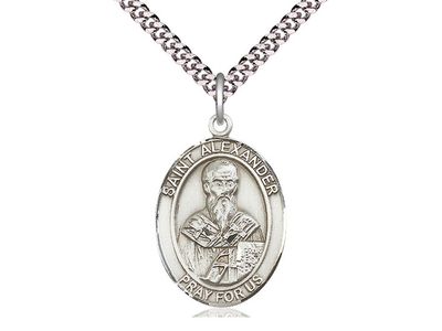 Sterling Silver St Alexander Constantinople Pendant on a 24 inch Light Rhodium Heavy Curb Chain