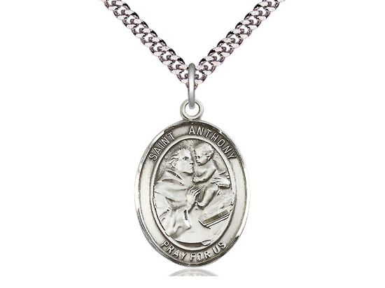 Sterling Silver St Anthony of Padua Pendant on a 24 inch Light Rhodium Heavy Curb Chain