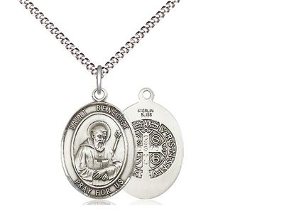 Sterling Silver St Benedict Pendant on a 18&quot; Light Rhodium Light Curb Chain.