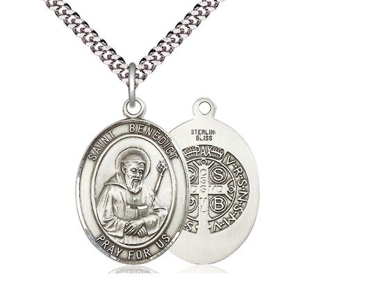 Sterling Silver St Benedict Pendant on a 24&quot; Light Rhodium Heavy Curb Chain.