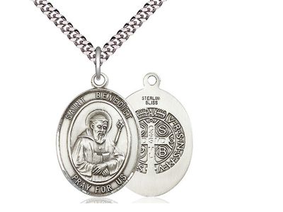 Sterling Silver St Benedict Pendant on a 24&quot; Light Rhodium Heavy Curb Chain.