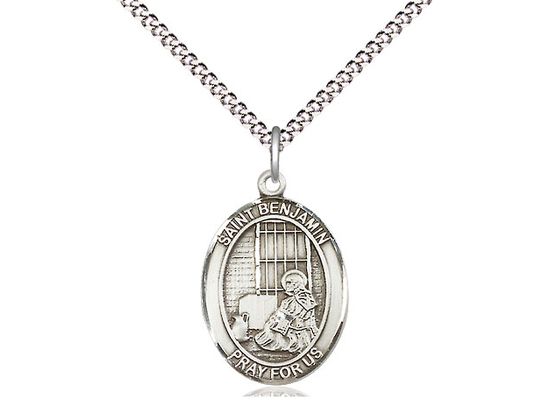 Sterling Silver St Benjamin Pendant on a 18&quot; Light Rhodium Light Curb Chain.