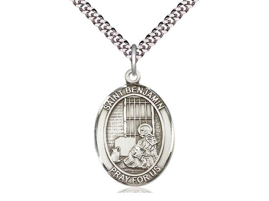 Sterling Silver St Benjamin Pendant on a 24&quot; Light Rhodium Heavy Curb Chain