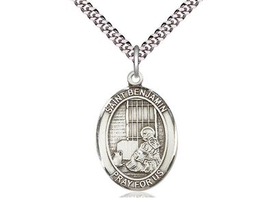 Sterling Silver St Benjamin Pendant on a 24&quot; Light Rhodium Heavy Curb Chain