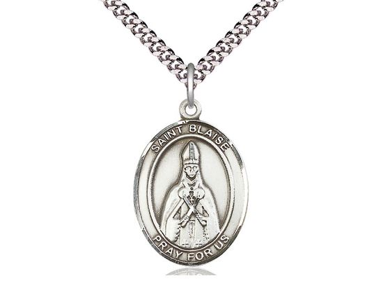 Sterling Silver St Blaise Pendant on a 24&quot; Light Rhodium Heavy Curb Chain