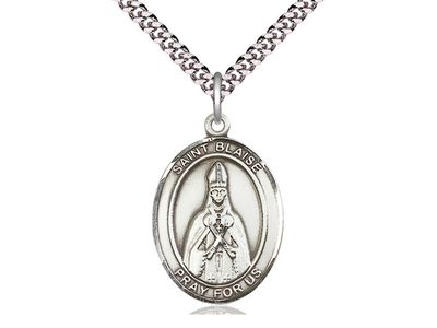 Sterling Silver St Blaise Pendant on a 24&quot; Light Rhodium Heavy Curb Chain