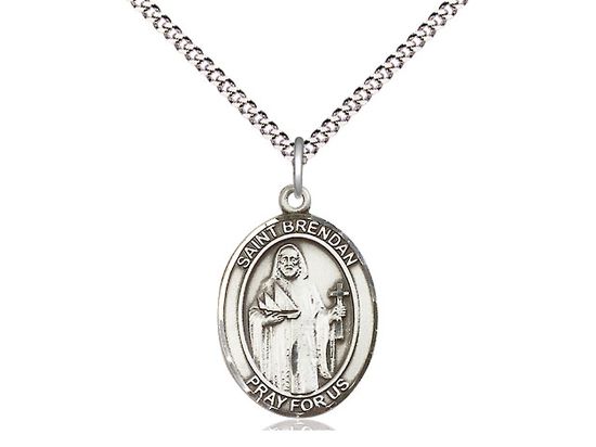 Sterling Silver St Brendan the Navigator Pendant on a 18&quot; Light Rhodium Light Curb Chain