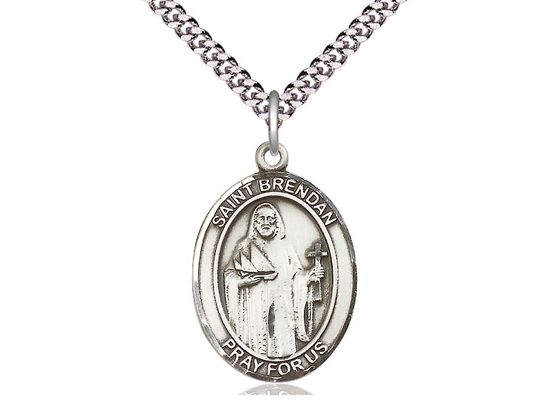 Sterling Silver St Brendan the Navigator Pendant on a 24&quot; Light Rhodium Heavy Curb Chain