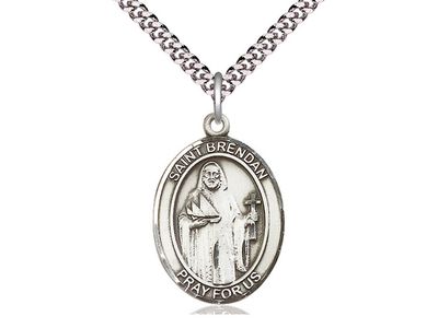 Sterling Silver St Brendan the Navigator Pendant on a 24&quot; Light Rhodium Heavy Curb Chain