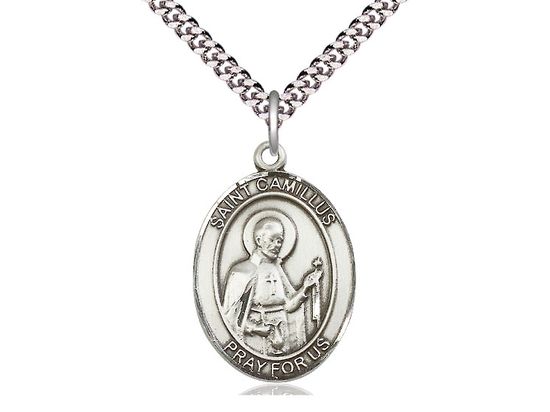 Sterling Silver St Camillus of Lellis Pendant on a 24&quot; Light Rhodium Heavy Curb Chain