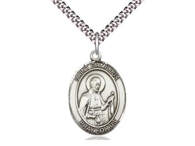 Sterling Silver St Camillus of Lellis Pendant on a 24&quot; Light Rhodium Heavy Curb Chain