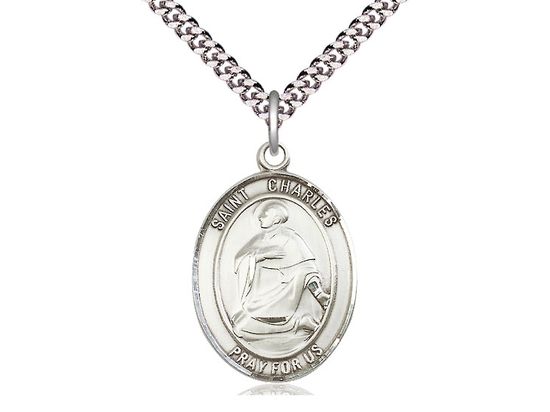 Sterling Silver St Charles Borromeo Pendant on a 24&quot; Light Rhodium Heavy Curb Chain