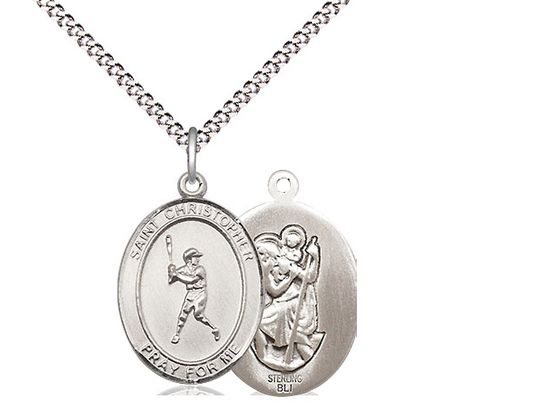 Sterling Silver St. Christopher/Baseball Pendant on a 18&quot; Light Rhodium Light Curb Chain
