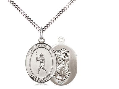 Sterling Silver St. Christopher/Baseball Pendant on a 18&quot; Light Rhodium Light Curb Chain