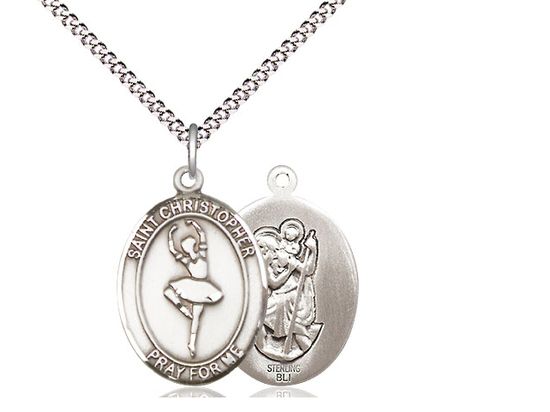 Sterling Silver St. Christopher/Dance Pendant on a 18&quot; Light Rhodium Light Curb Chain