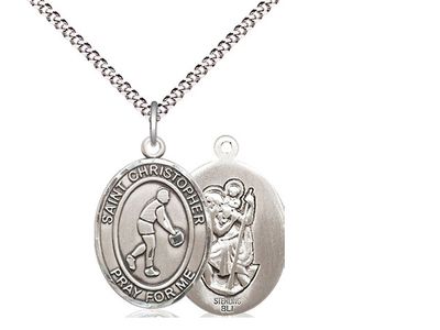 Sterling Silver St. Christopher/Basketball Pendant on a 18&quot; Light Rhodium Light Curb Chain