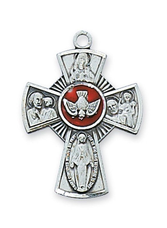 Sterling Silver Holy Spirit 4-Way Medal on 18&quot; Stainless Steel Chain