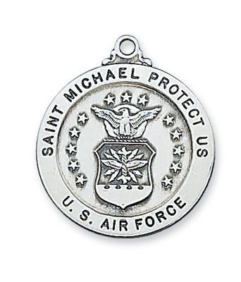 Sterling Silver St. Michael Air Force Medal on 24&quot; Stainless Steel Chain