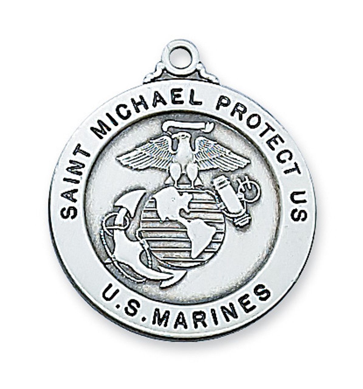 Sterling Silver St. Michael US Marine Medal on 24&quot; Stainless Steel Chain