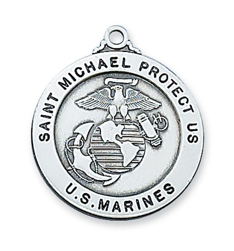 Sterling Silver St. Michael US Marine Medal on 24&quot; Stainless Steel Chain