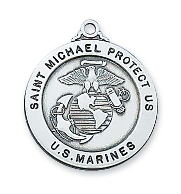 Sterling Silver St. Michael US Marine Medal on 24&quot; Stainless Steel Chain
