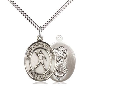 Sterling Silver St. Christopher/Football Pendant on a 18&quot; Light Rhodium Light Curb Chain