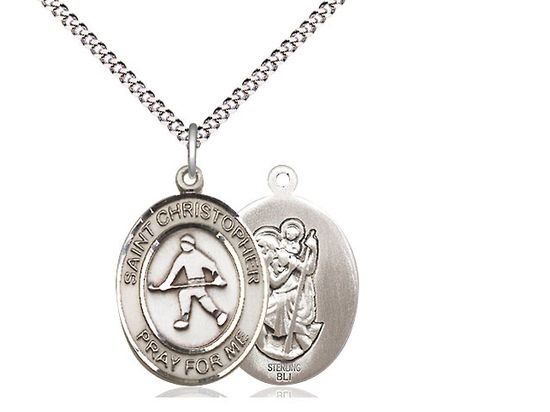 Sterling Silver St. Christopher/Field Hockey Pendant on a 18&quot; Light Rhodium Light Curb Chain