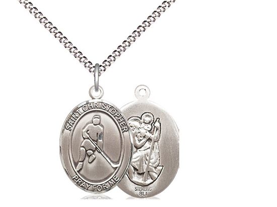 Sterling Silver St. Christopher/Ice Hockey Pendant on a 18&quot; Light Rhodium Light Curb Chain