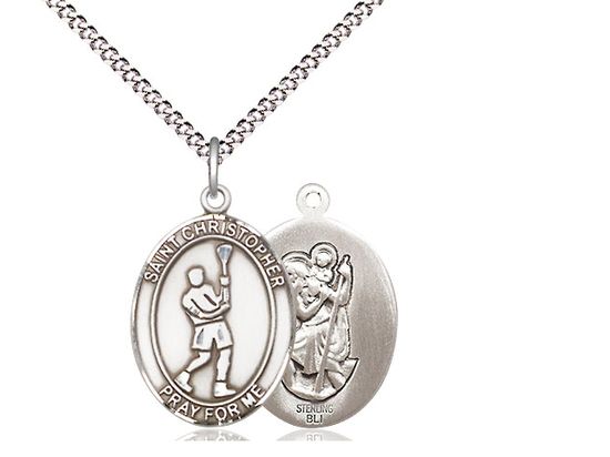 Sterling Silver St. Christopher/Lacrosse Pendant on a 18&quot; Light Rhodium Light Curb Chain