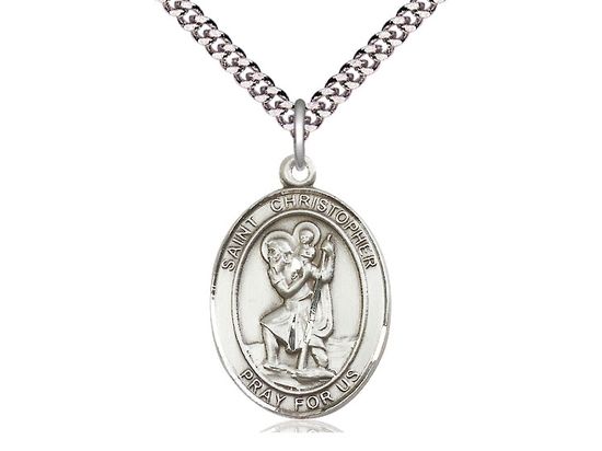 Sterling Silver St Christopher Pendant on a 24&quot; Light Rhodium Heavy Curb Chain