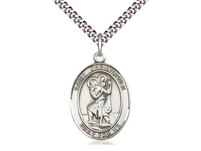 Sterling Silver St Christopher Pendant on a 24&quot; Light Rhodium Heavy Curb Chain