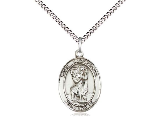 Sterling Silver St Christopher Pendant on a 18&quot; Light Rhodium Light Curb Chain