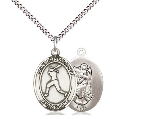 Sterling Silver St. Christopher/Softball Pendant on a 18&quot; Light Rhodium Light Curb Chain