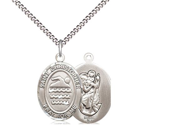 Sterling Silver St. Christopher/Swimming Sports Medal on a 18&quot; Light Rhodium Chain