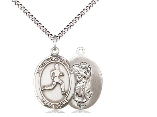Sterling Silver St. Christopher/Track &amp; Field Pendant on a 18&quot; Light Rhodium Light Curb Chain