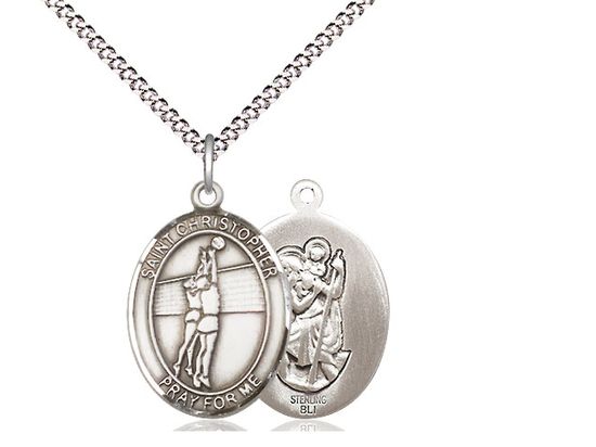 Sterling Silver St. Christopher/Volleyball Pendant on a 18&quot; Light Rhodium Light Curb Chain