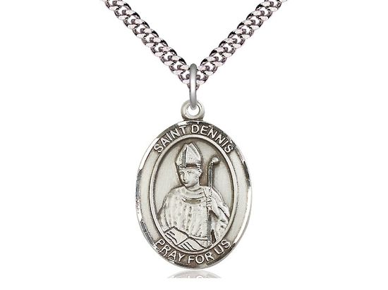 Sterling Silver St Dennis Pendant on a 24&quot; Light Rhodium Heavy Curb Chain