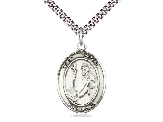 Sterling Silver St Dominic de Guzman Pendant on a 24&quot; Light Rhodium Heavy Curb Chain